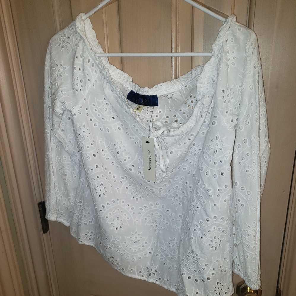 NWT Francesca white Eyelet Misses Sz M off shoulder Shirt Blouse - Picture 3 of 7